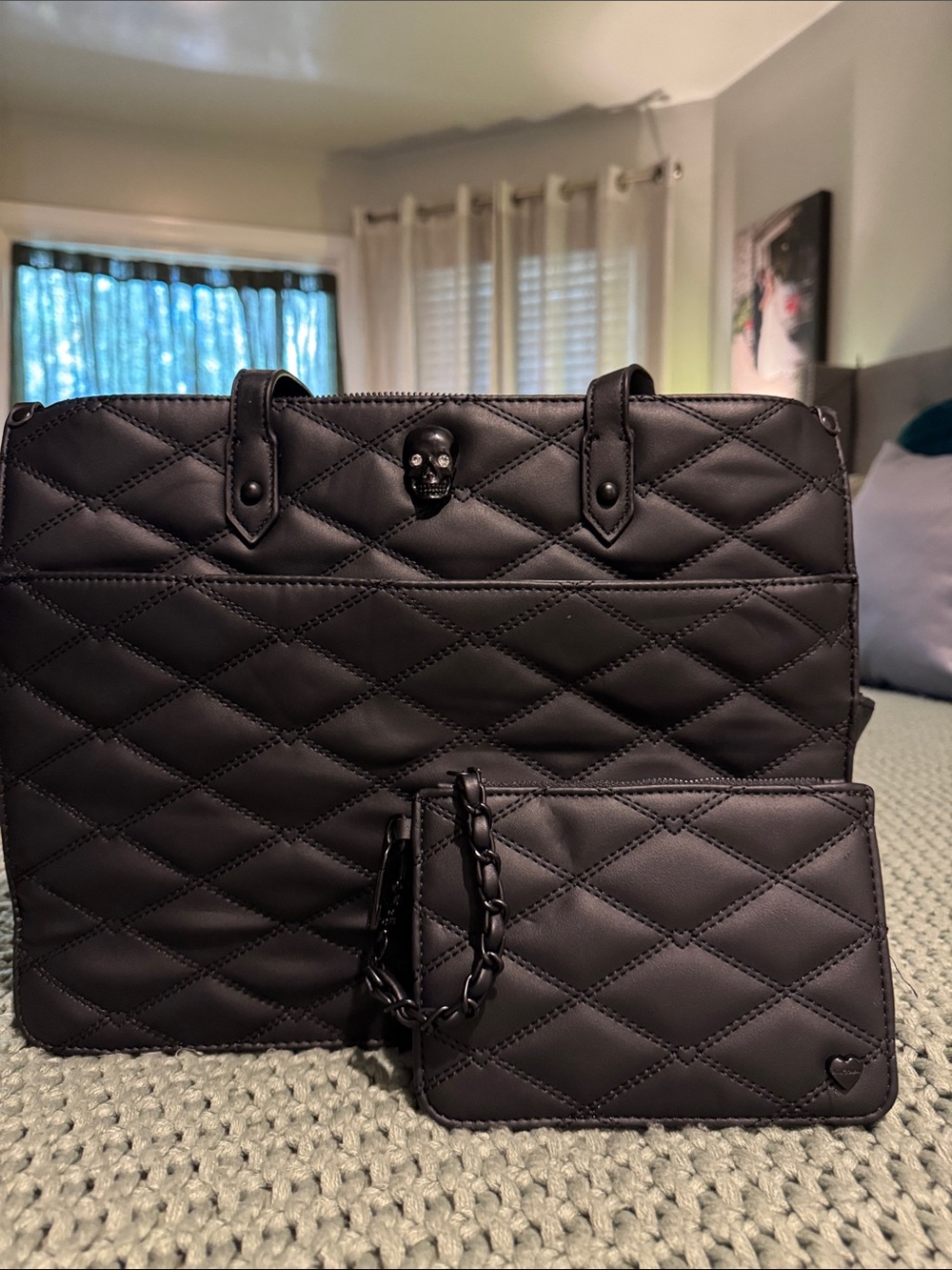 Black Quilted Tote Bag with Matching Pouch - Designer Style